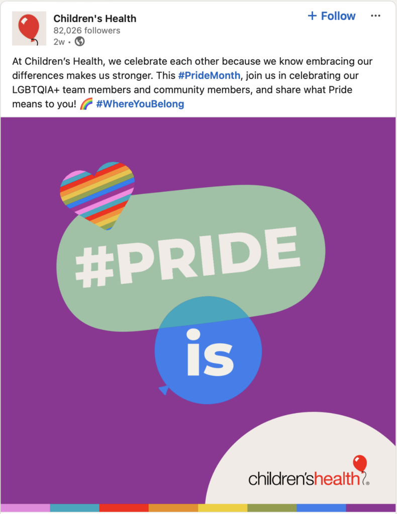Children's Health social media post for Pride Month